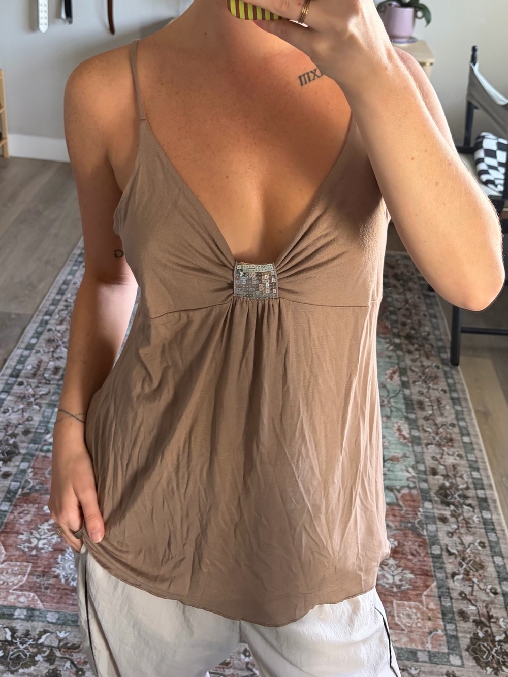 Y2K Metro Seven Brown Sequin Plunge Cami Top XL